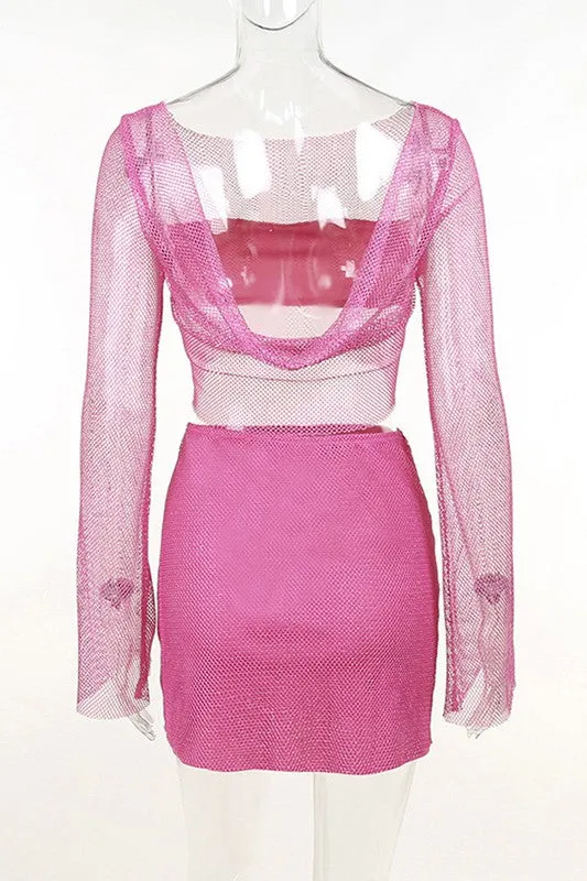 Fuchsia Sheer Crop Top and Mini Skirt Set