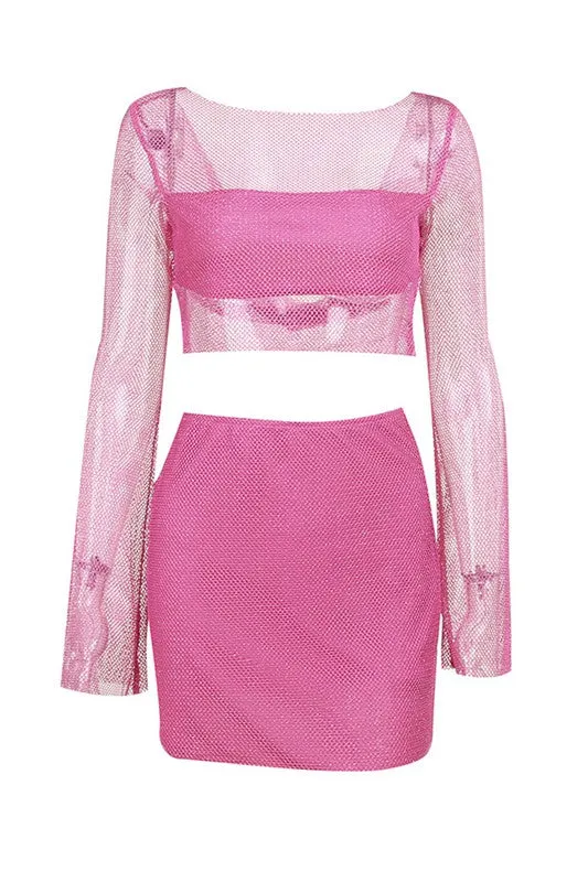 Fuchsia Sheer Crop Top and Mini Skirt Set