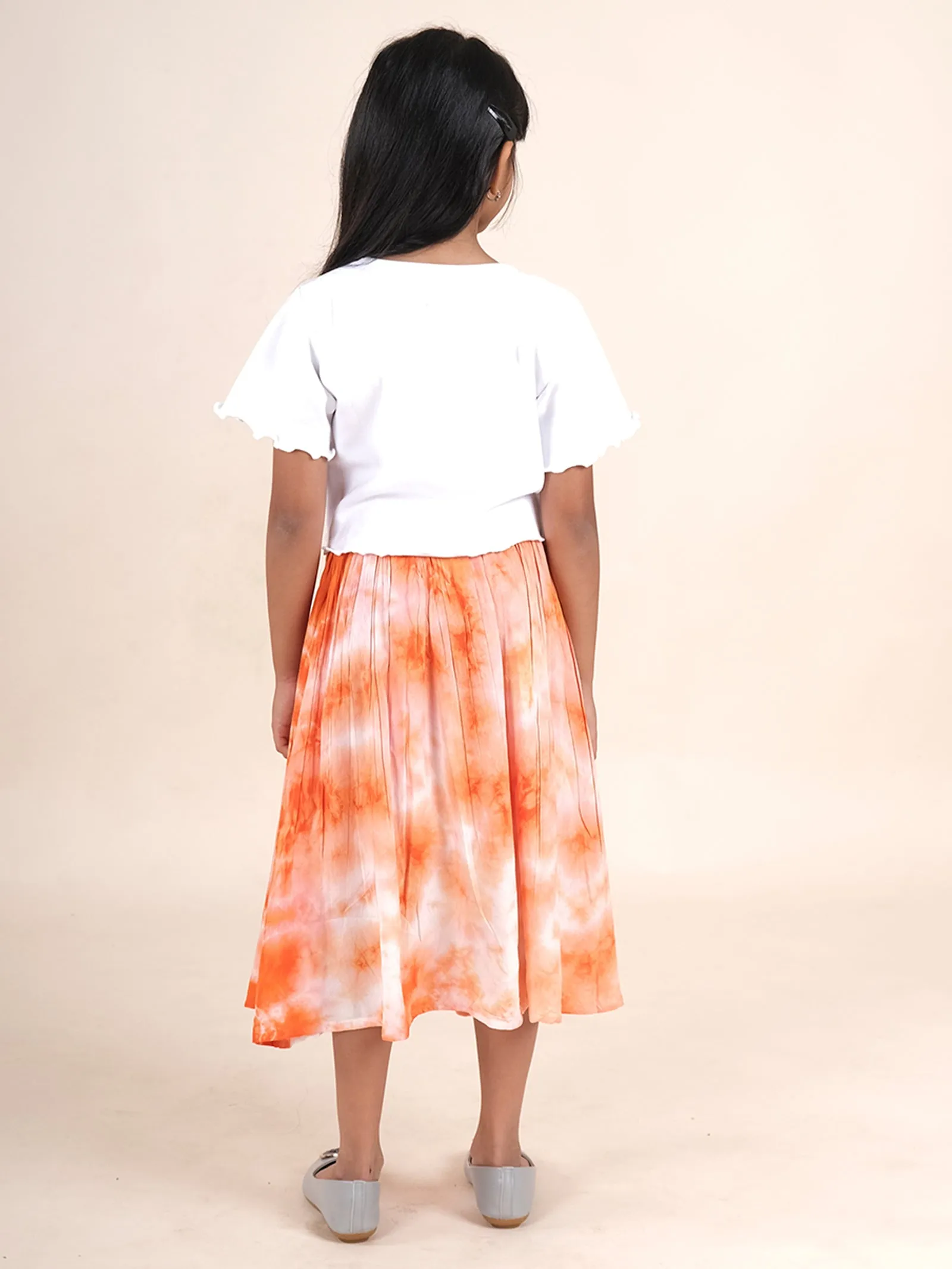 Girls Cotton Solid Crop Tee With Rayon Tie & Dye Flared Skirt Set