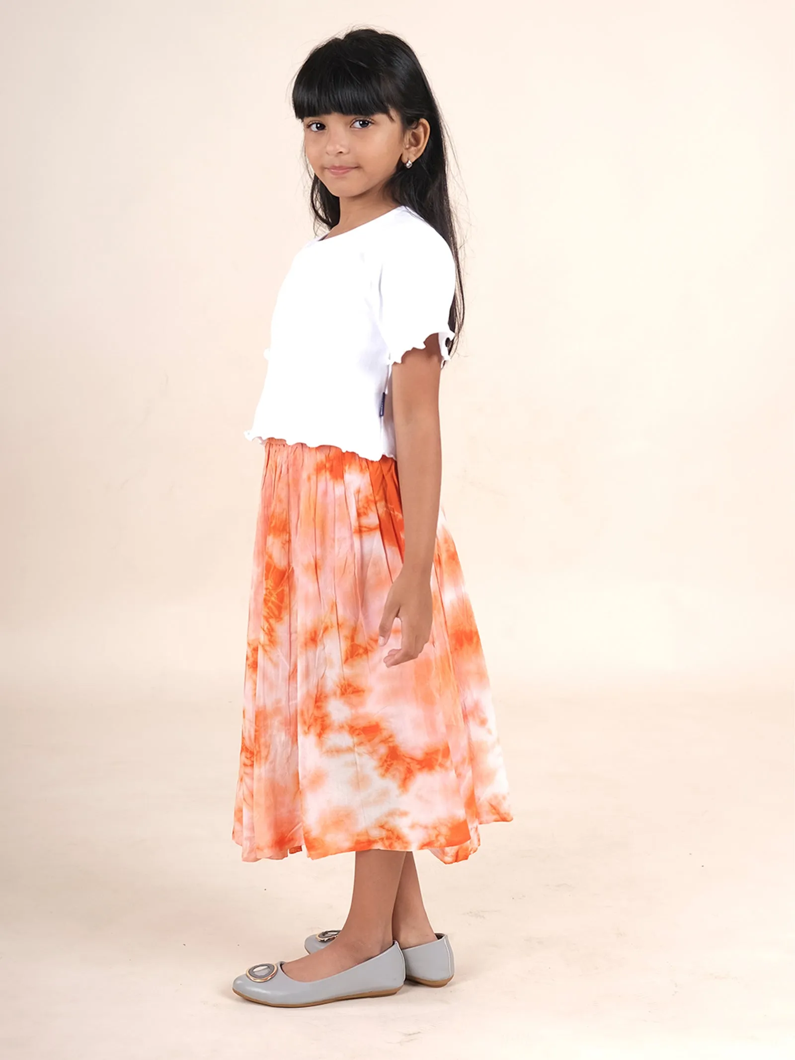 Girls Cotton Solid Crop Tee With Rayon Tie & Dye Flared Skirt Set