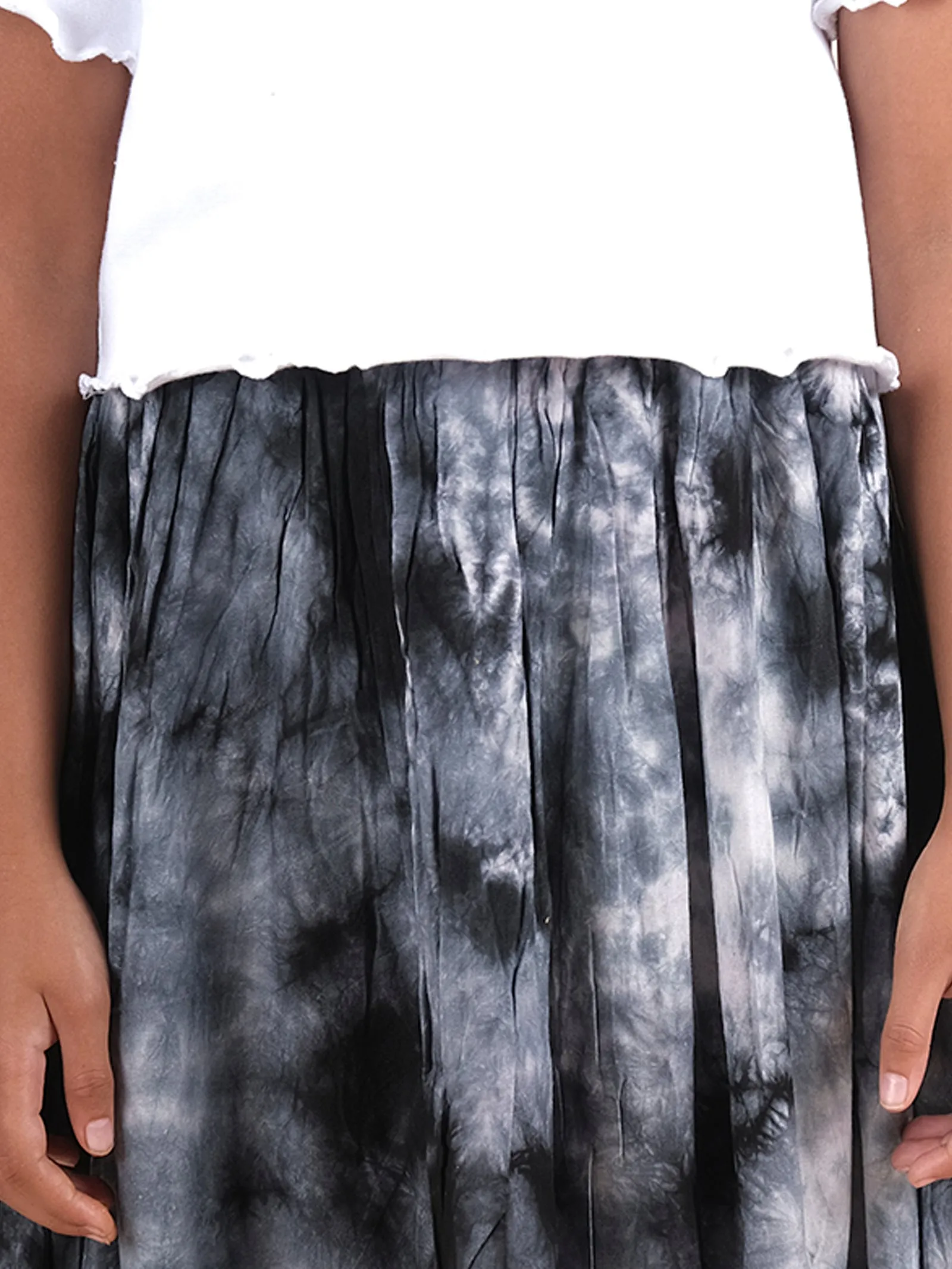 Girls Cotton Solid Crop Tee With Rayon Tie & Dye Flared Skirt Set