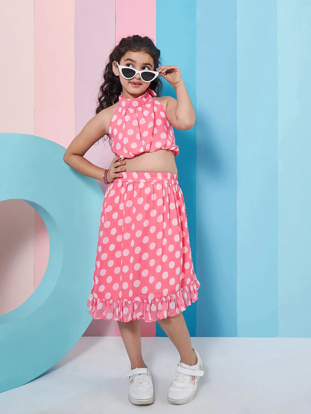 Girls Printed Crop Top With Skirt - PS Peaches