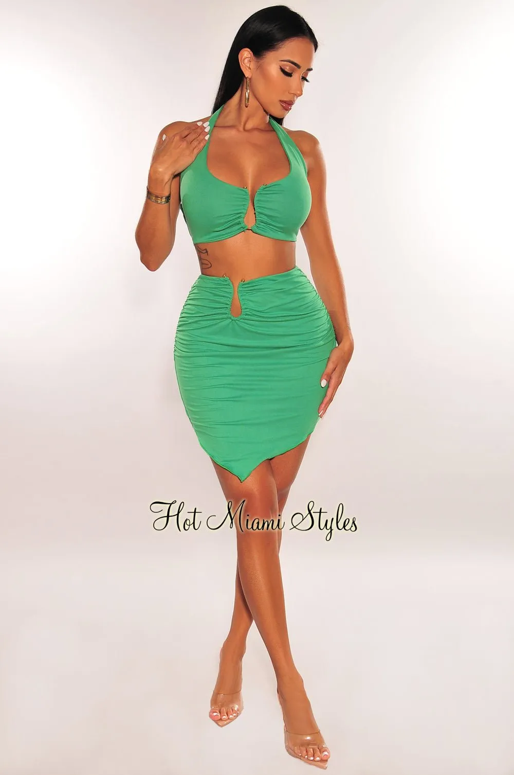 Green Halter Gold Ring Ruched Asymmetrical Mini Skirt Two Piece Set