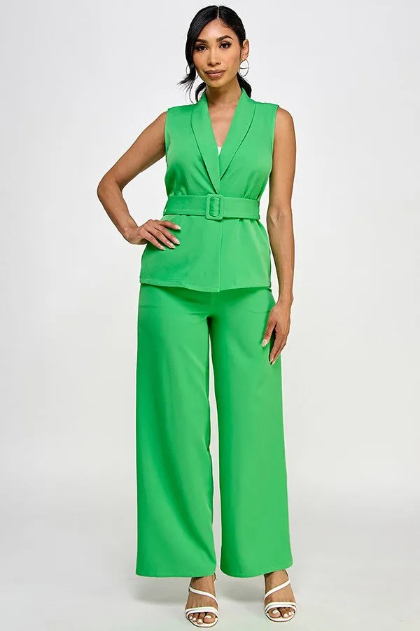 Green Vest With Tie Waist Belted & Pants Set