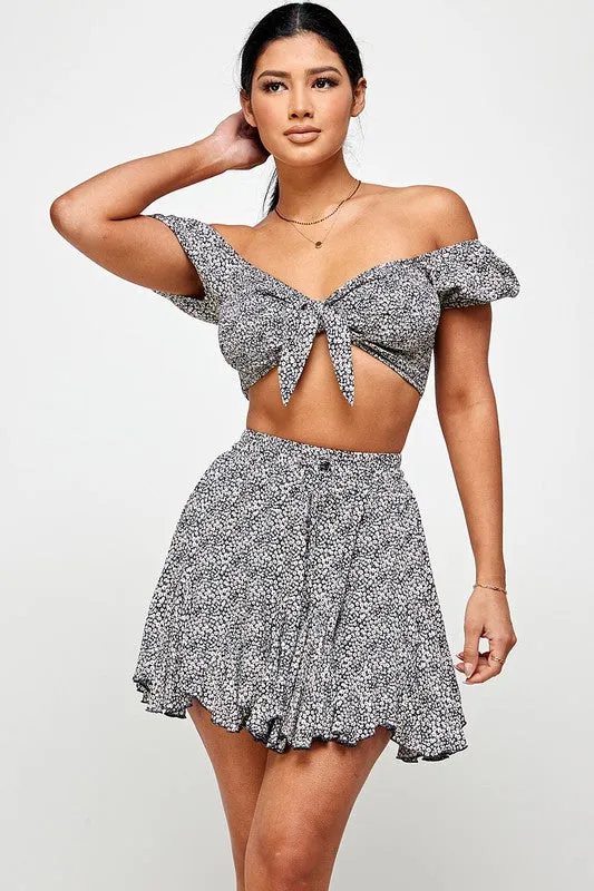 Grey Floral Tie Front Crop Top And Flare Skirt Set