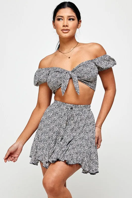 Grey Floral Tie Front Crop Top And Flare Skirt Set