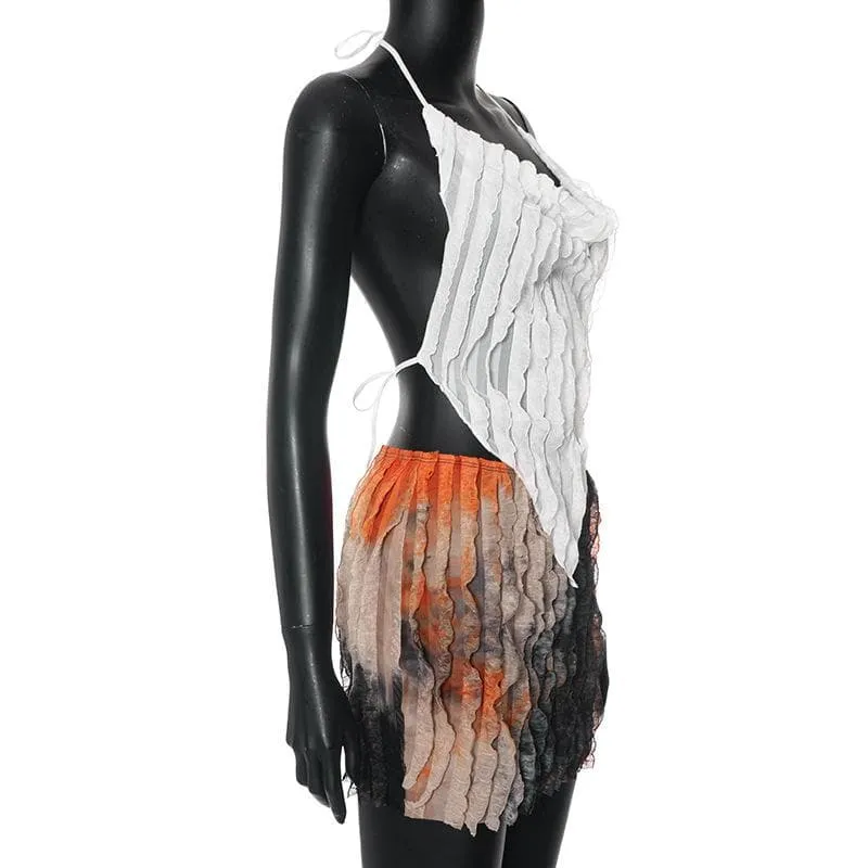 Halter cowl neck ruffle tie dye backless mini skirt set