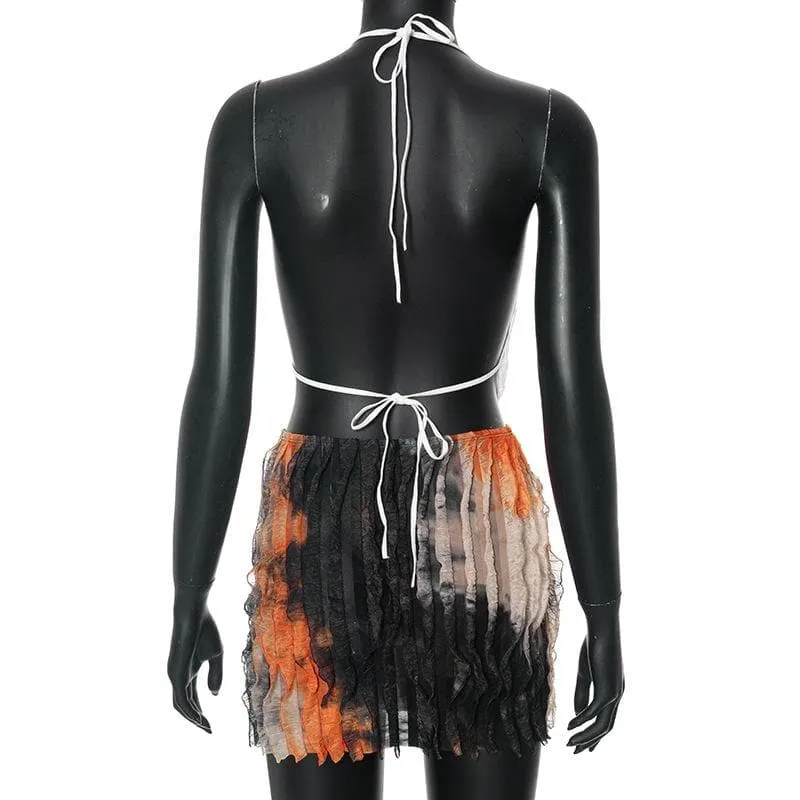 Halter cowl neck ruffle tie dye backless mini skirt set