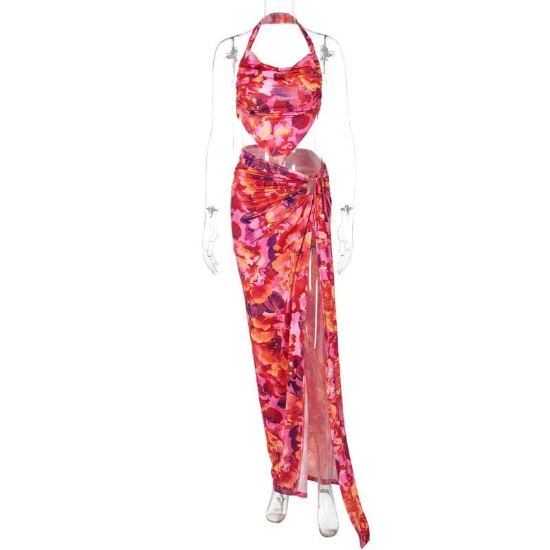 Halter flower print o ring slit maxi skirt set