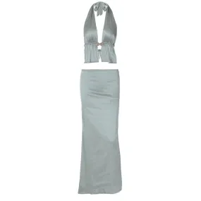 Halter metal button satin backless maxi skirt set