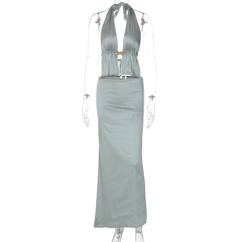 Halter metal button satin backless maxi skirt set