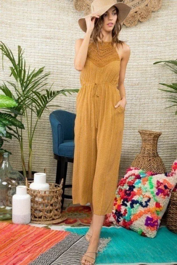 Halter Neck Front Lace Patch Detail Printed Jumpsuit