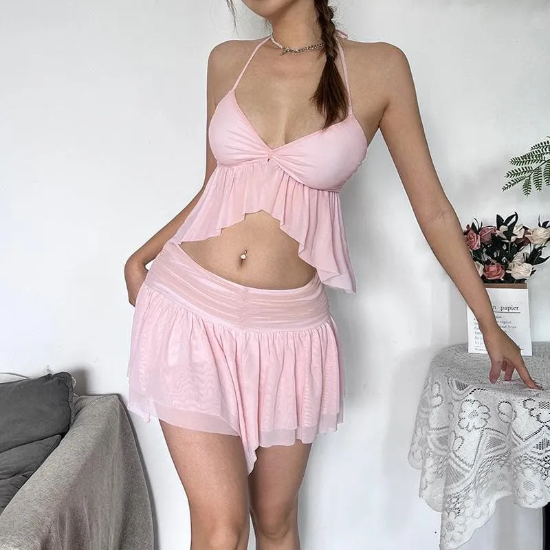 Halter ruffle mesh v neck ruched mini skirt set