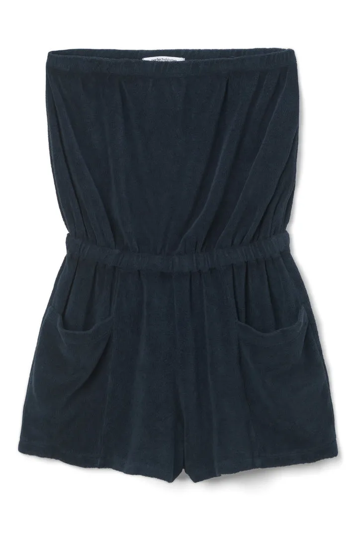 Jaclyn Loop Terry Strapless Romper in Navy