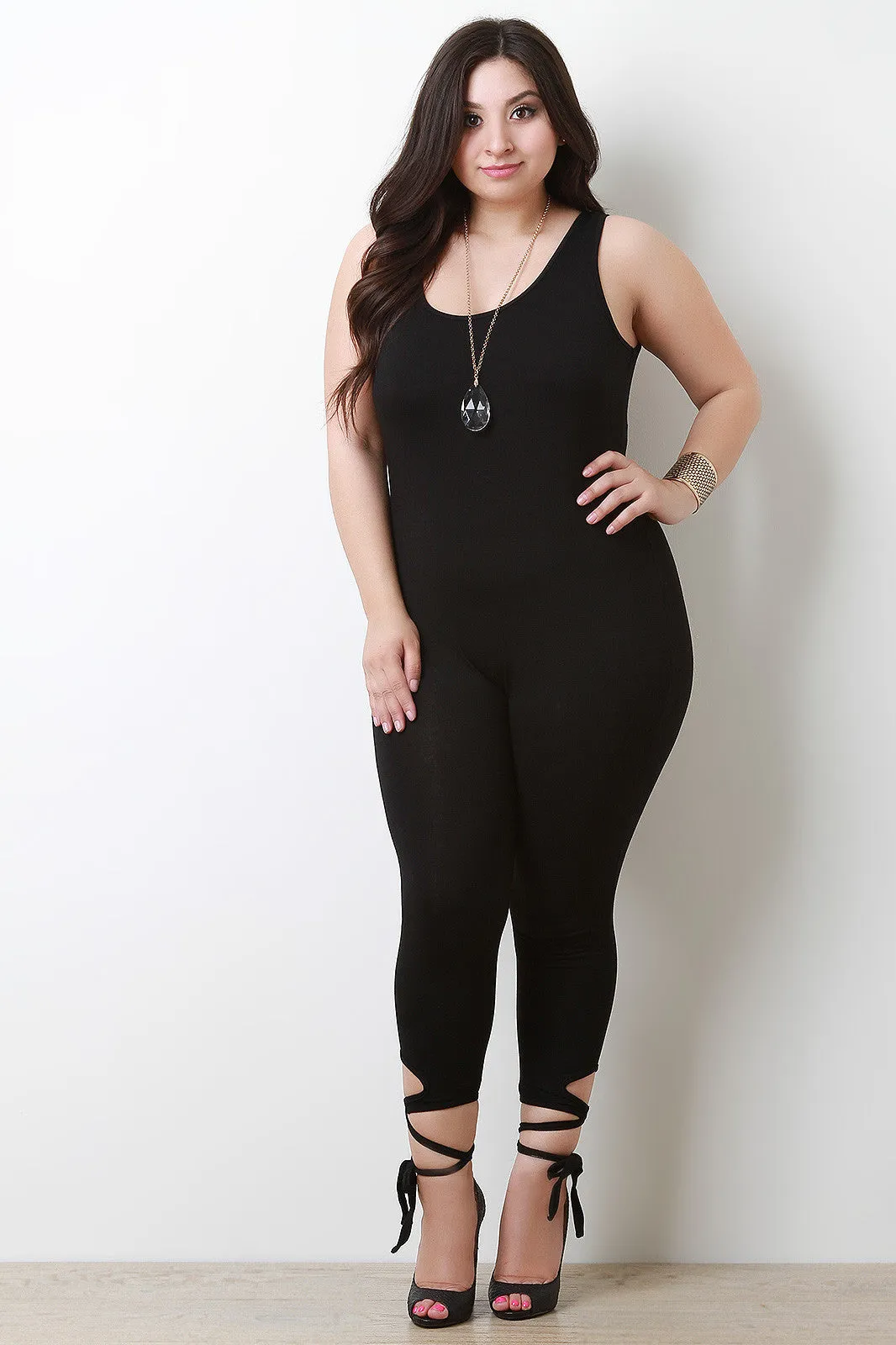 Jersey Knit Sleeveless Capri Lace-Up Jumpsuit