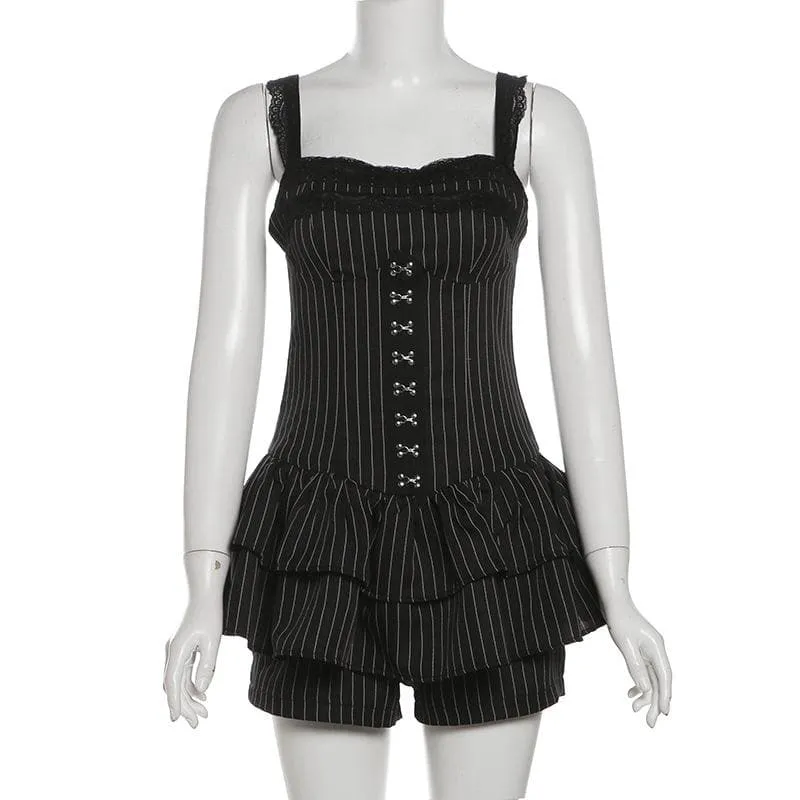 Lace hem striped button ruched cami romper