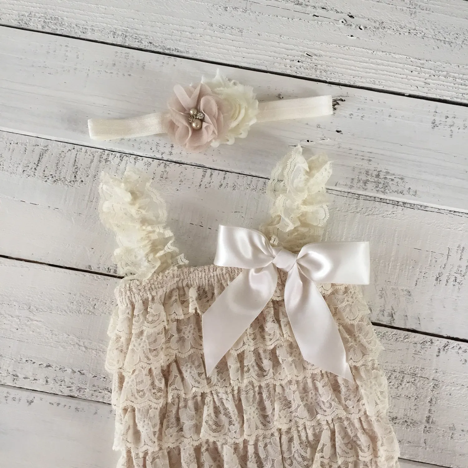 Lace Petti Romper - Champagne and matching flower headband