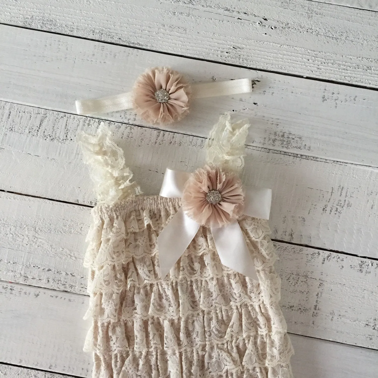 Lace Petti Romper - Champagne and matching flower headband