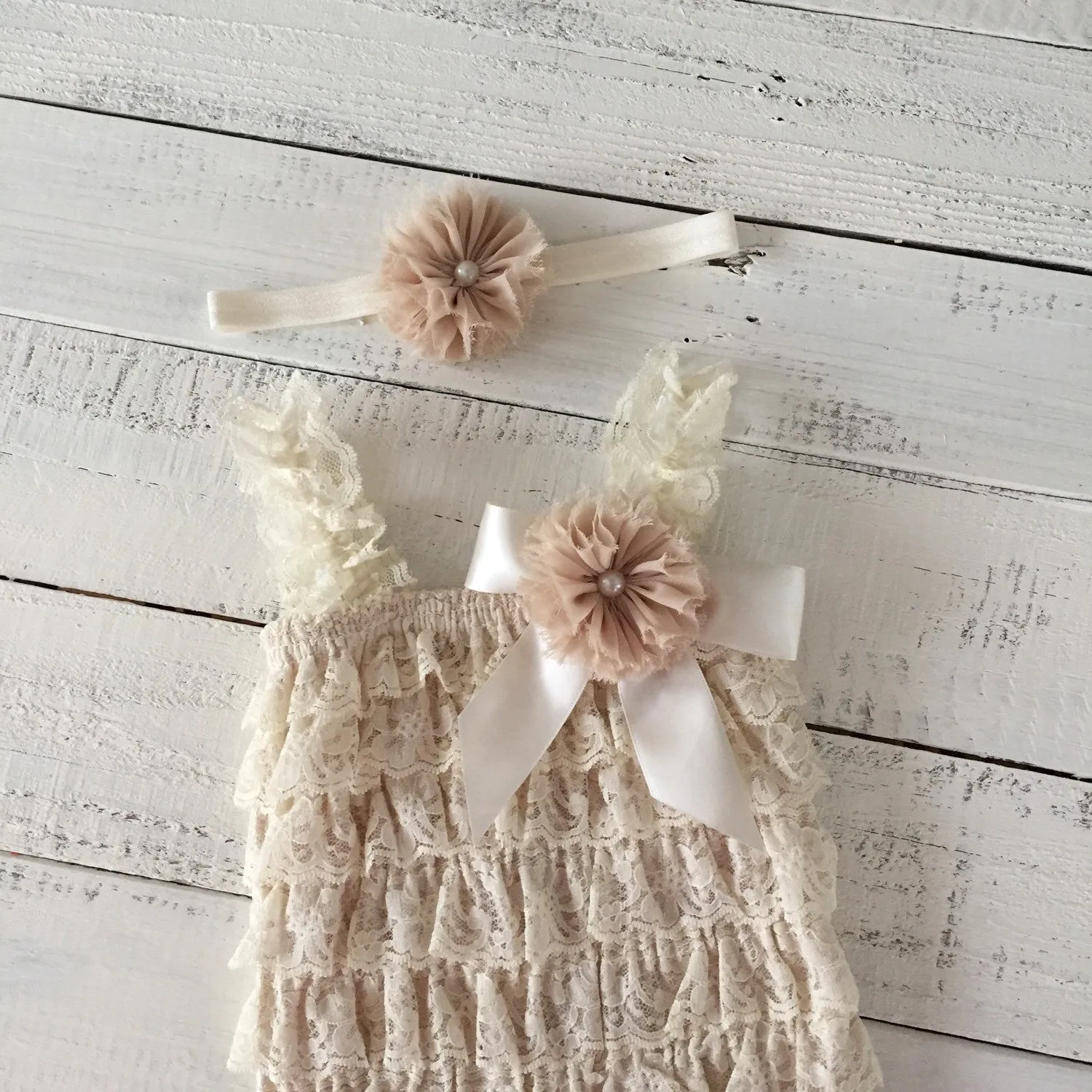 Lace Petti Romper - Champagne and matching flower headband