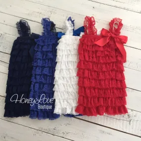 Lace Petti Romper - Red, White, Royal Blue, Navy