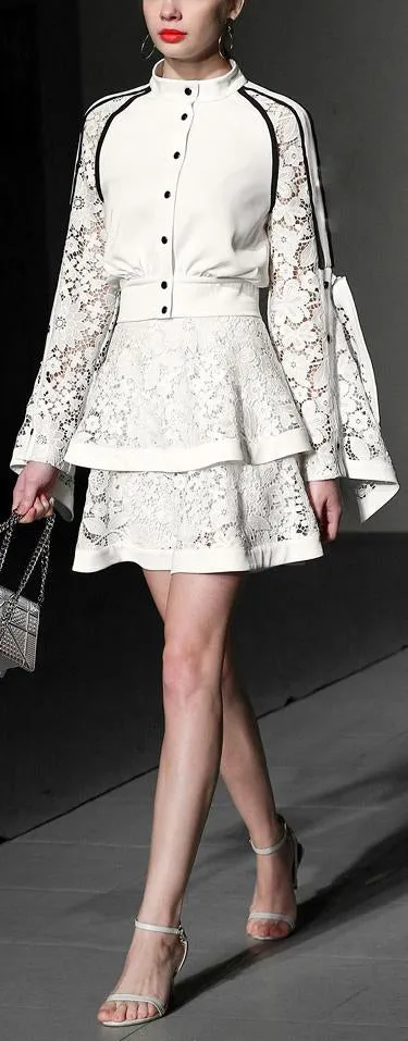 Lace-Trim Jacket-Blouse and Tiered Lace Mini Skirt