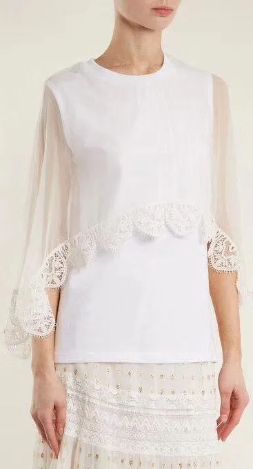 Lace Trimmed Tulle Blouse and Skirt Set