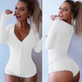 Leisure Sexy V-neck Long Sleeve Bodycon Knitted Cotton Rompers For Ladies