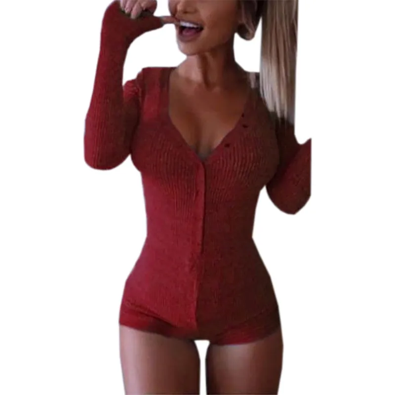 Leisure Sexy V-neck Long Sleeve Bodycon Knitted Cotton Rompers For Ladies