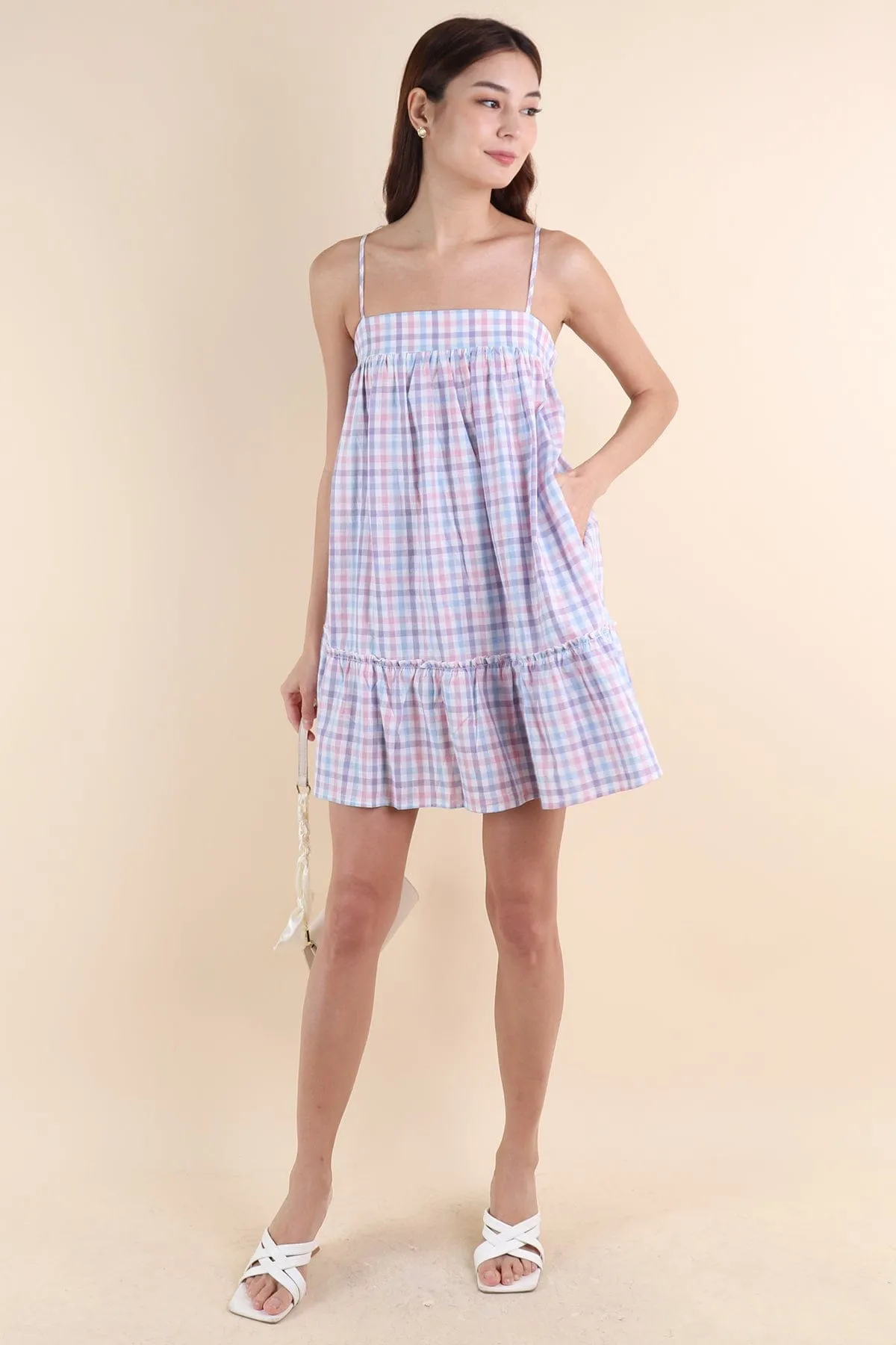 LICHFIELD GINGHAM ROMPER DRESS IN PURPLE