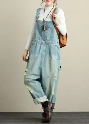 Light Blue Patchwork Ripped Jeans Jumpsuits Spring