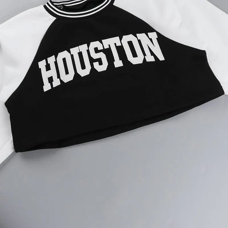 Long sleeve crewneck letter pattern crop mini skirt set