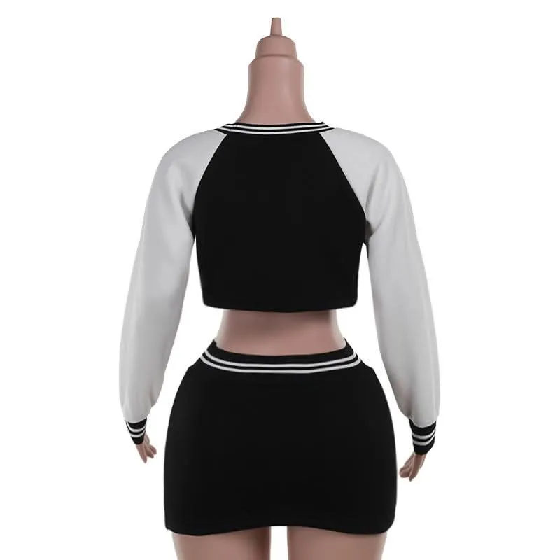 Long sleeve crewneck letter pattern crop mini skirt set