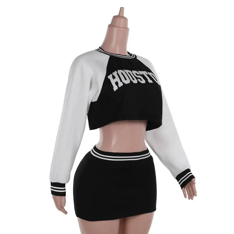 Long sleeve crewneck letter pattern crop mini skirt set