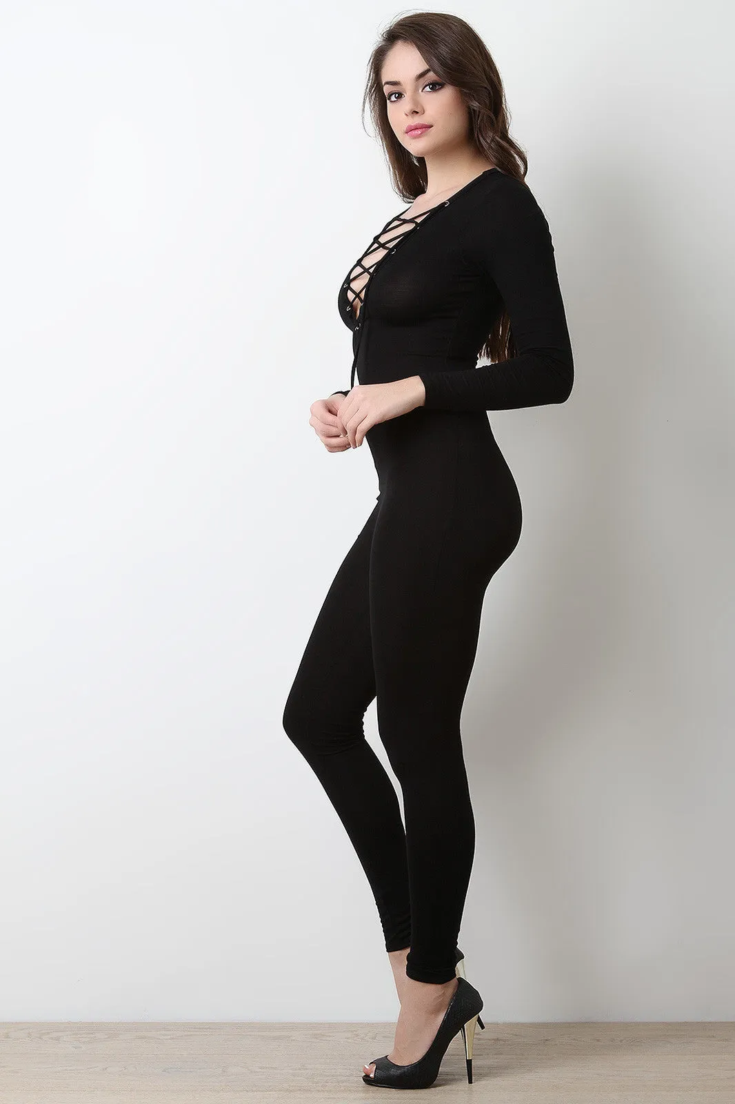 Long Sleeve Jersey Knit Lace Up Jumpsuit