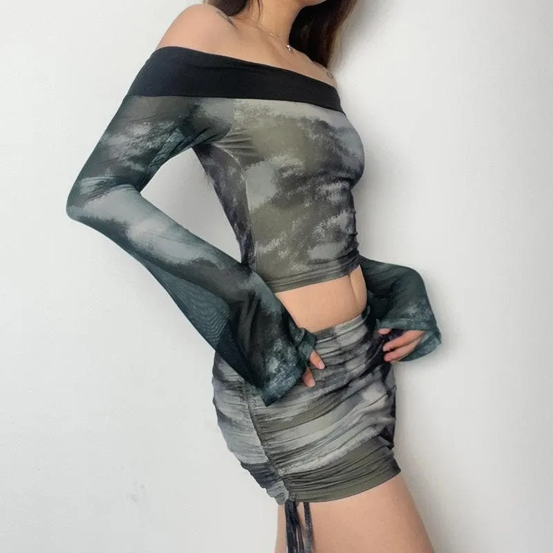 Long sleeve off shoulder contrast tie dye drawstring mini skirt set