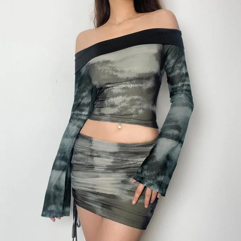 Long sleeve off shoulder contrast tie dye drawstring mini skirt set