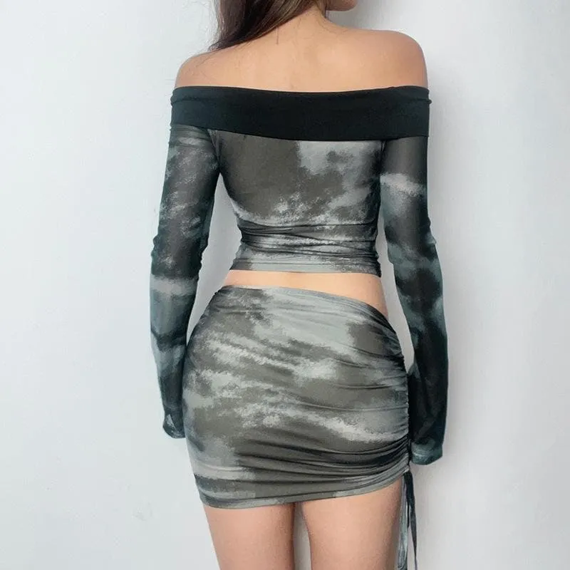 Long sleeve off shoulder contrast tie dye drawstring mini skirt set