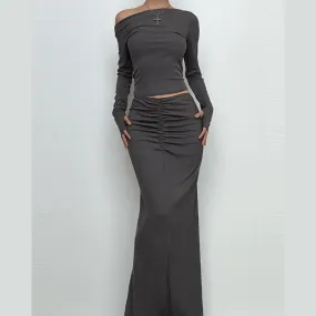 Long sleeve off shoulder ribbed ruched maxi skirt set