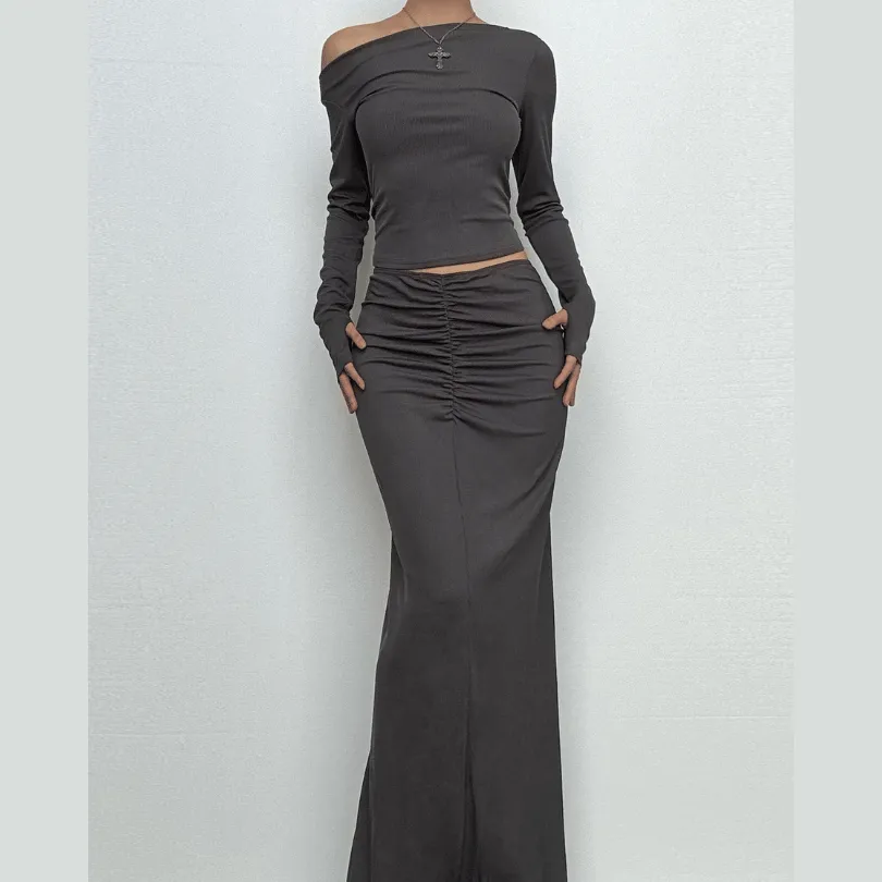 Long sleeve off shoulder ribbed ruched maxi skirt set