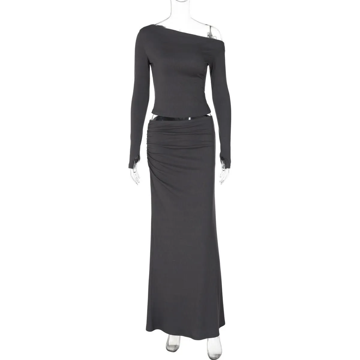 Long sleeve off shoulder ribbed ruched maxi skirt set