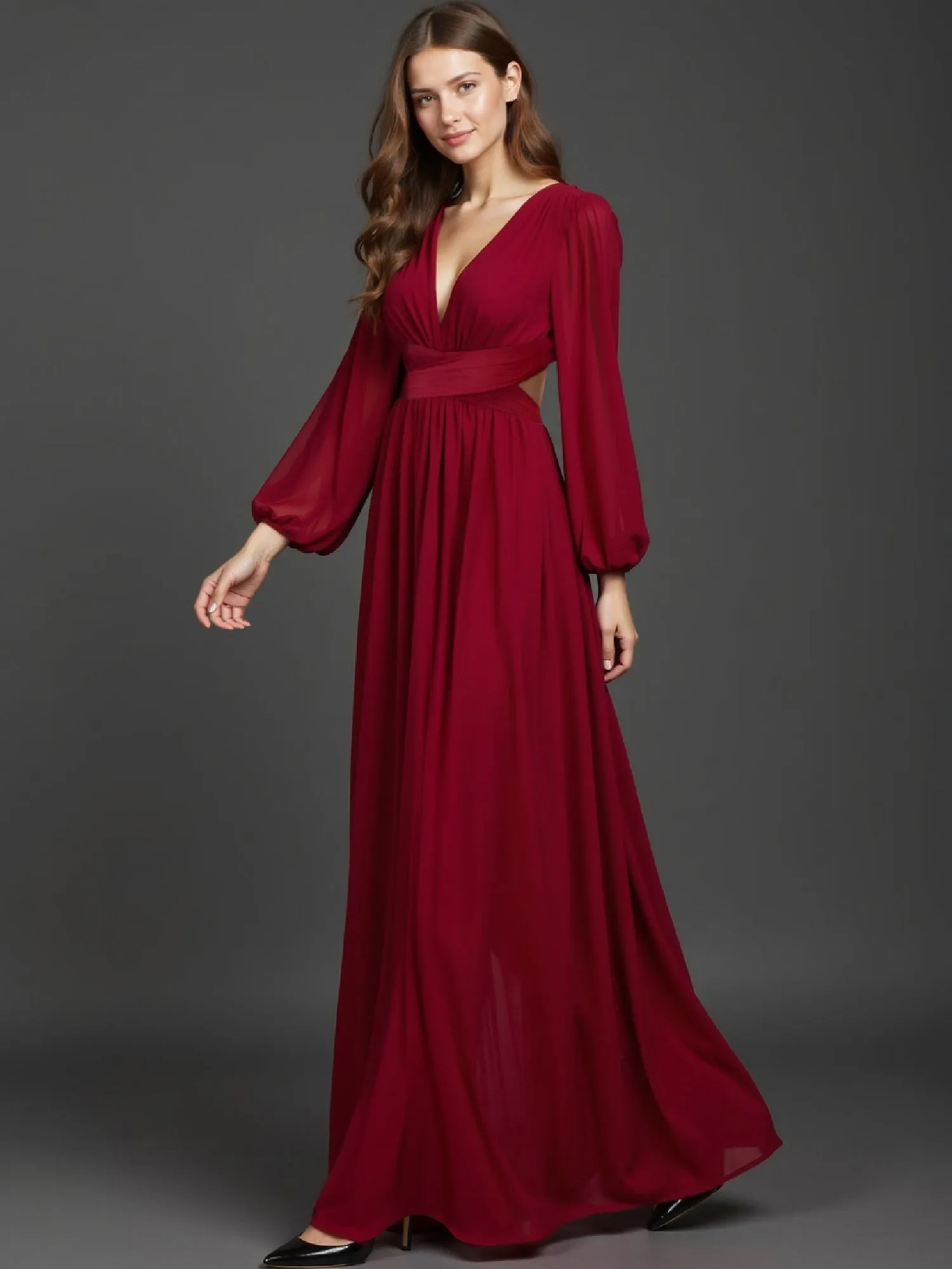 Long Sleeve Pleated Back Cutout Woven Maxi Dress