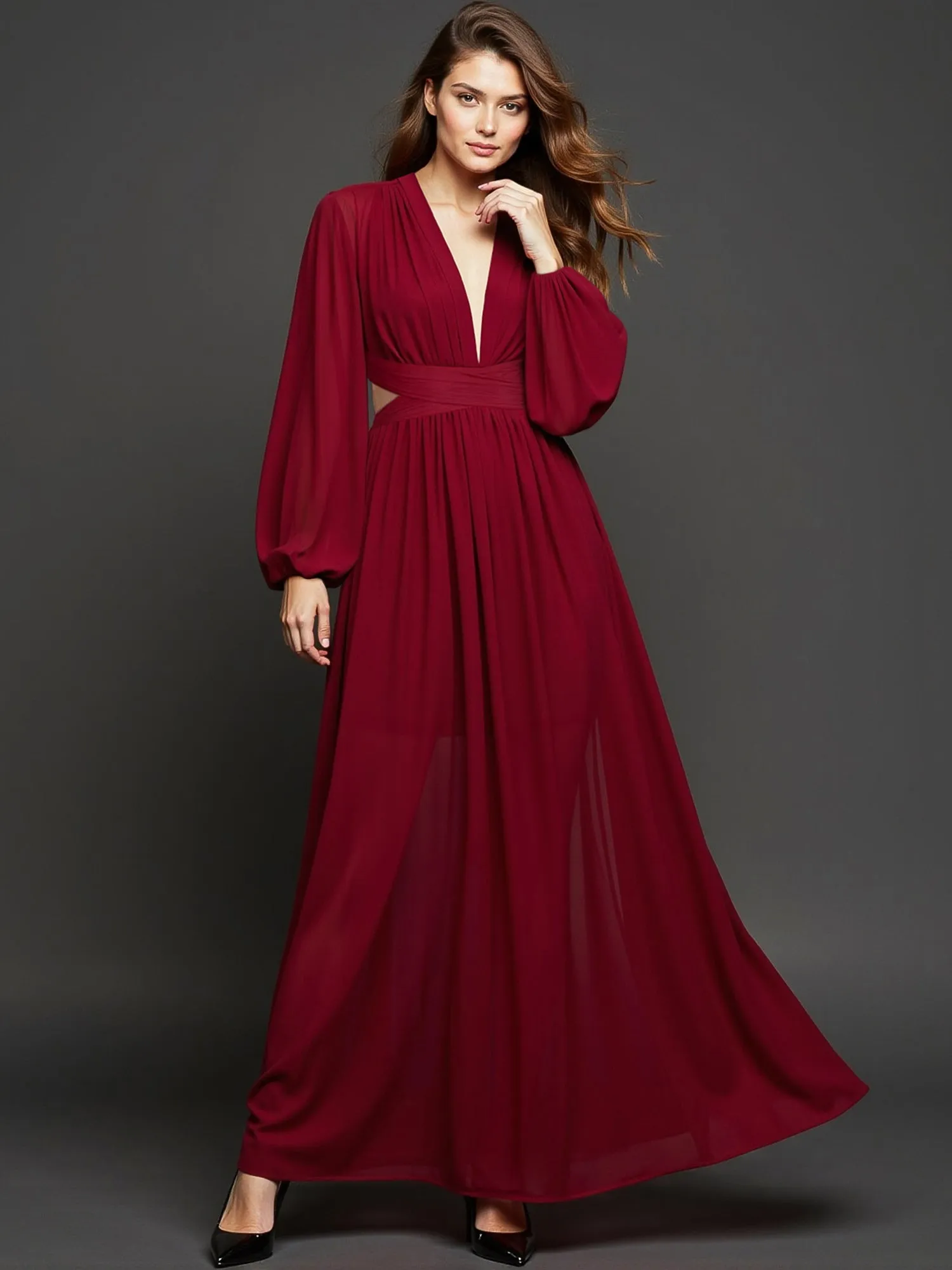 Long Sleeve Pleated Back Cutout Woven Maxi Dress