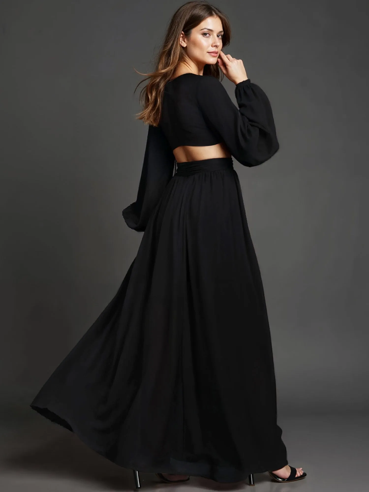 Long Sleeve Pleated Back Cutout Woven Maxi Dress