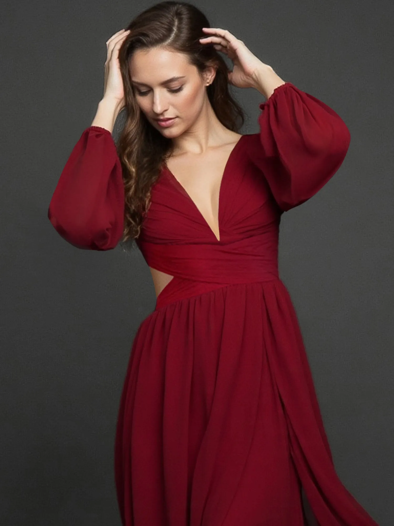 Long Sleeve Pleated Back Cutout Woven Maxi Dress