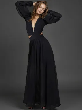 Long Sleeve Pleated Back Cutout Woven Maxi Dress