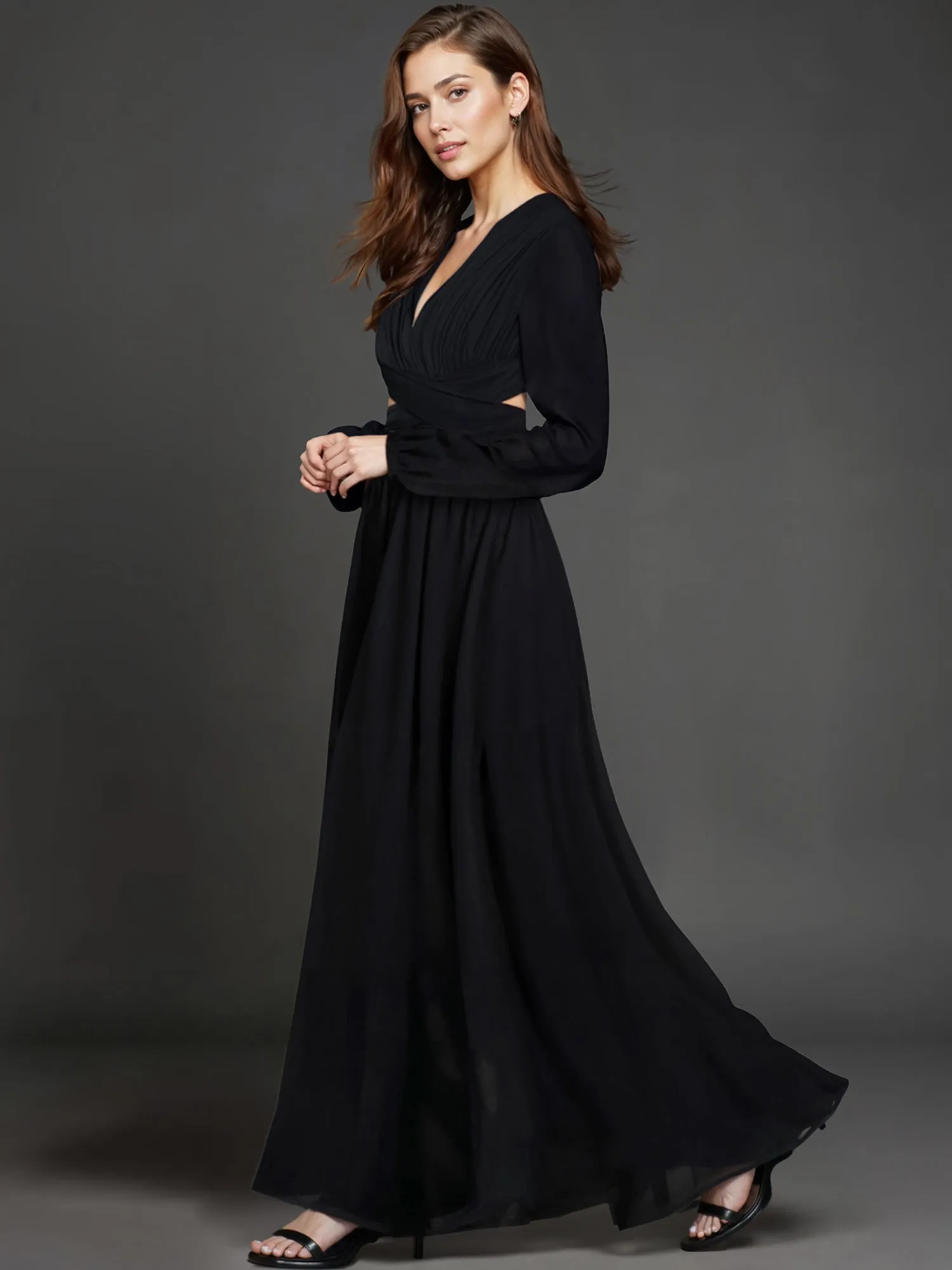 Long Sleeve Pleated Back Cutout Woven Maxi Dress