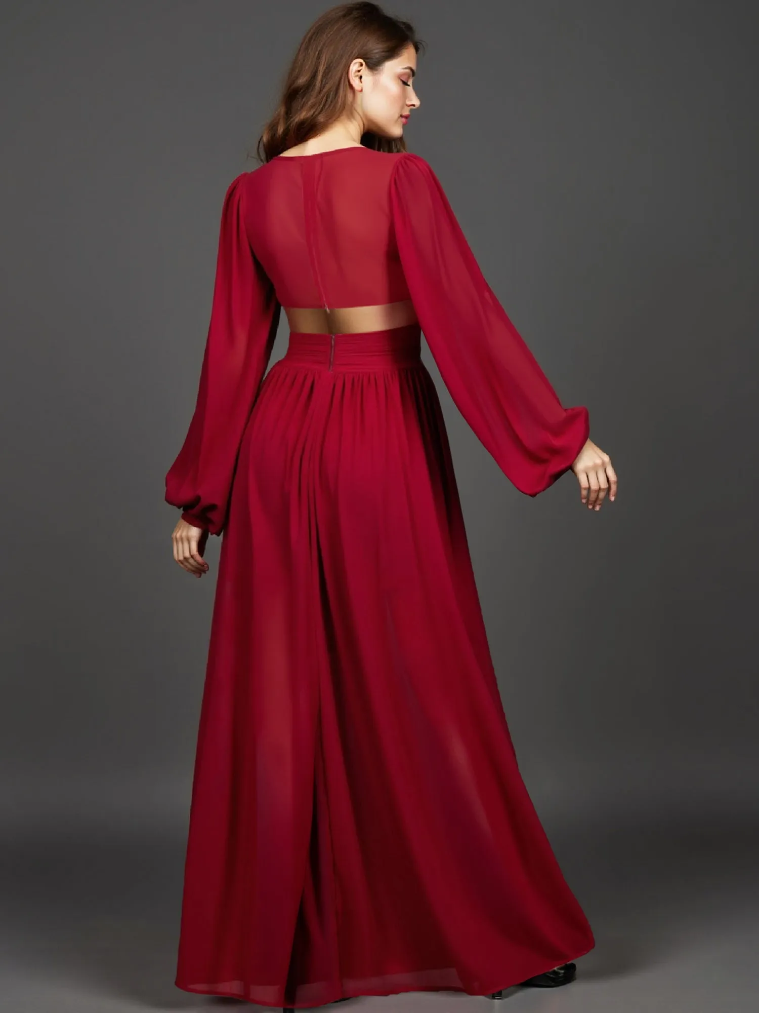 Long Sleeve Pleated Back Cutout Woven Maxi Dress