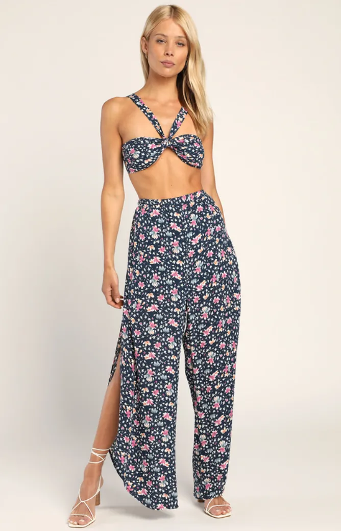 Lulus Best Vacation Navy Blue Floral Print Two-Piece Jumpsuit, Size Large