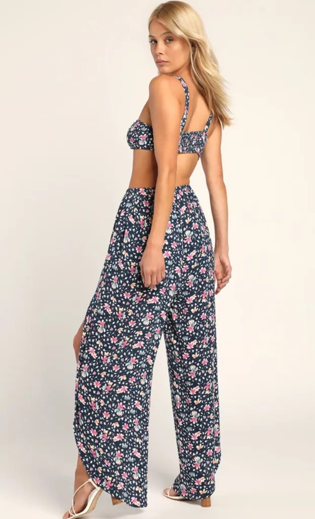 Lulus Best Vacation Navy Blue Floral Print Two-Piece Jumpsuit, Size Large