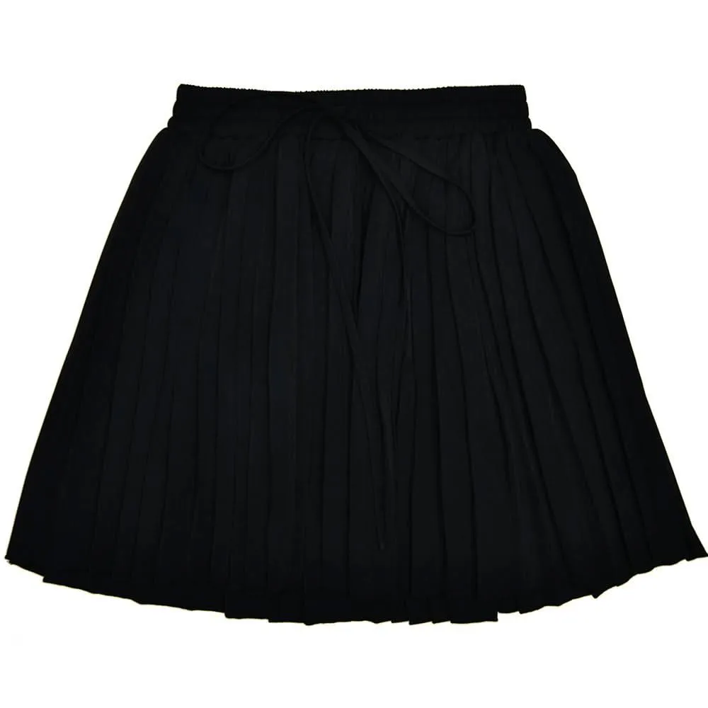 Pleated deep V neck button self tie solid mini skirt set